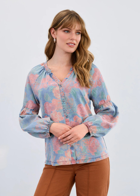 French Dressing Floral Chambray Bubble Sleeve Shirt