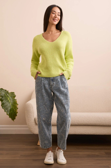 Tribal Lime Relaxed V-Neck Textured Sweater