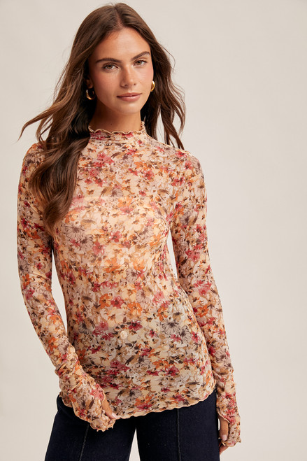 Hem & Thread Taupe Floral Mock Mesh Top
