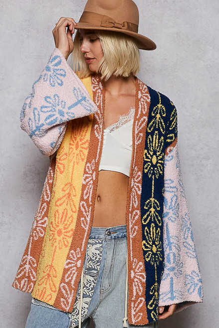 POL Floral Stripe Berber Open Cardigan