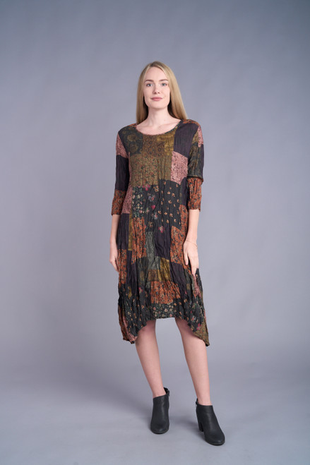 Shana Autumn Patchwork Print Crushed Sharkbite Dress