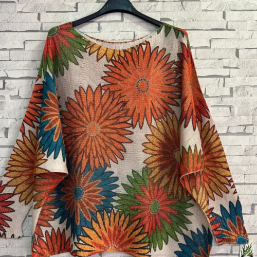 LOOWIE Orange Florals Printed Sweater