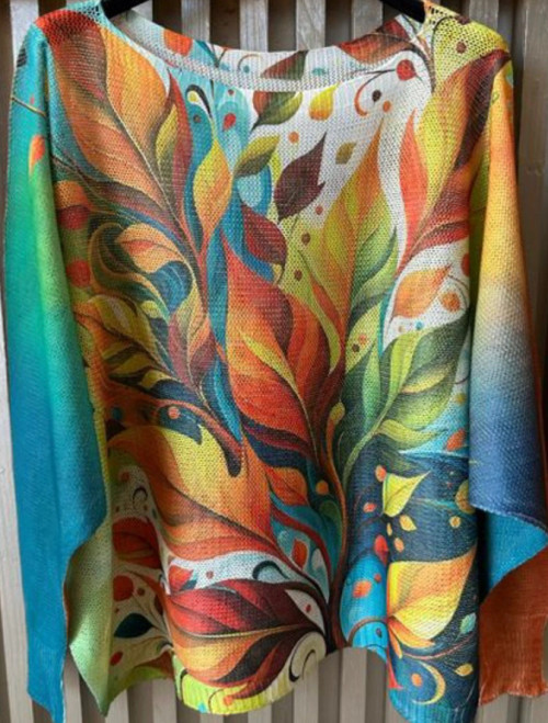 LOOWIE Blue Fall Leaves Printed Sweater