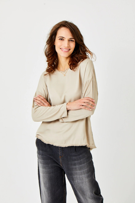 Suzy D Beige Satin Raw Edge Crew Top