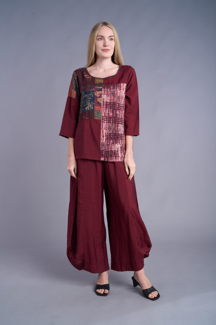 Shana Wine Mixed Print Top