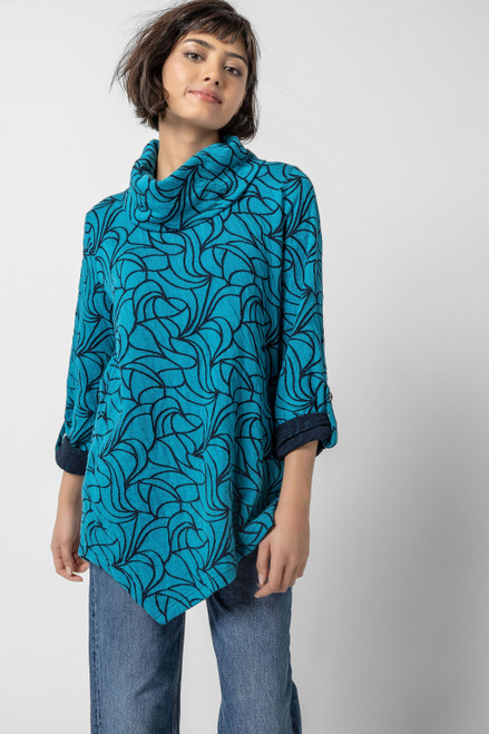 Komil Teal Cotton Petal Weave Cowl Tunic