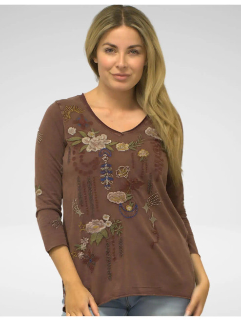 Caite Henna Cotton Floral Embroidered Top