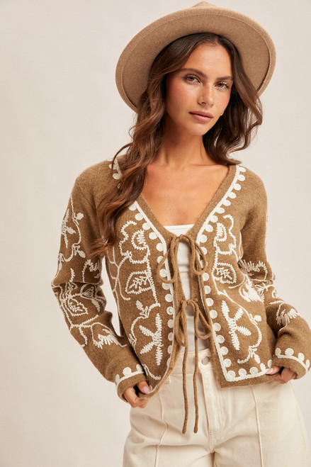 Hem & Thread Dusty Olive Embroidered Tie Cardigan