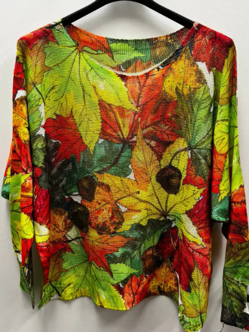 LOOWIE Fall Green Brown Leaves Printed Sweater