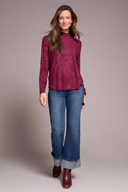 Tribal Wine Jacquard Knit Mock Neck Top