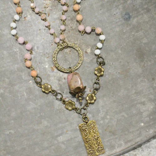 Primitive Peddler Double Layered Blush & Flower Pendant Necklace