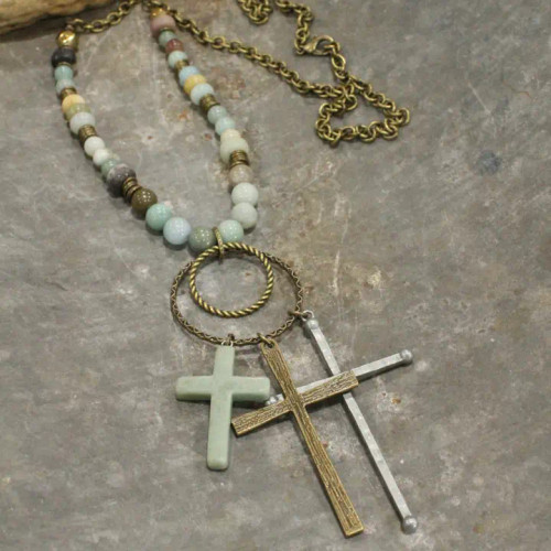 Primitive Peddler Bohemian Cross & Mixed Mint Stone Necklace