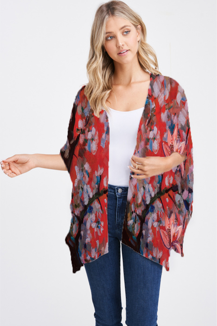 Et' Lois Red Balancing Branch Open Wrap Shawl