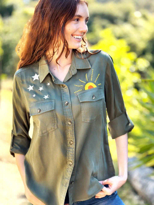 Billy T Hello Sunshine Soft Olive Embroidered Shirt 