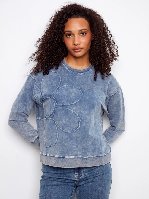 Charlie B Denim Wash French Terry Flower Applique Top