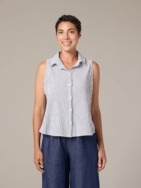 Cut Loose White Grey Stripe Crinkle Sleeveless Shirt