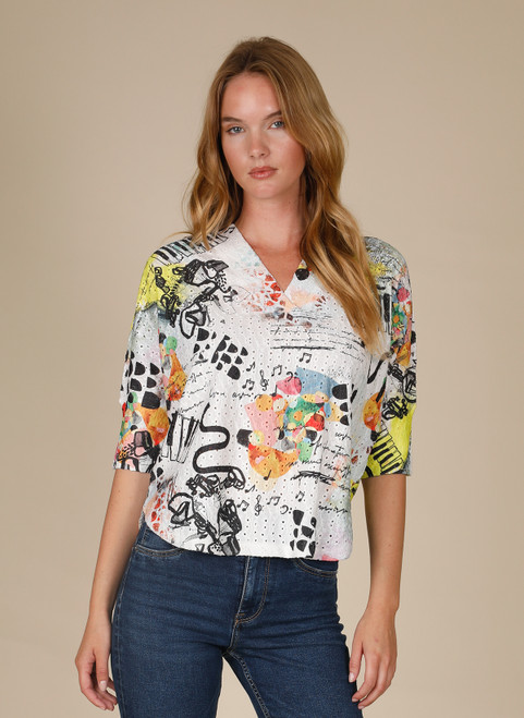 Inoah Song Writing V-Neck Pinhole Top