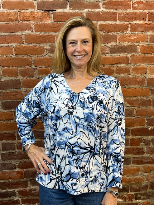 Shana Indigo Floral Cotton Sweater