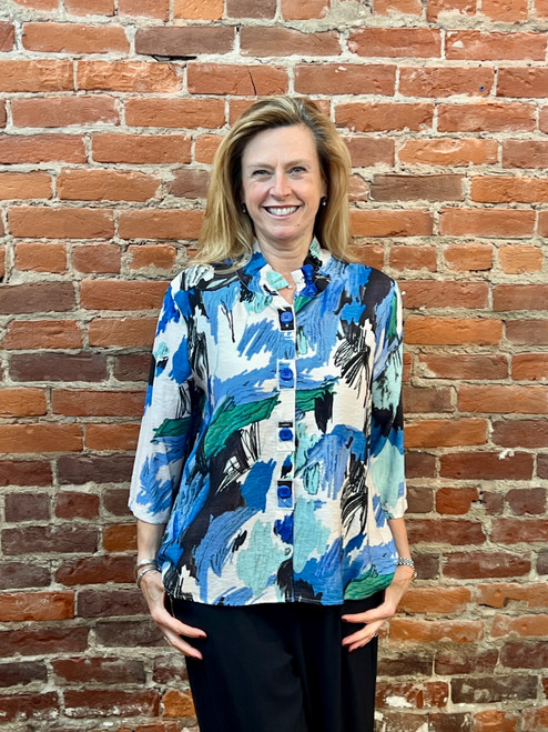 Shana Blue Swirl Gathered Collar Shirt