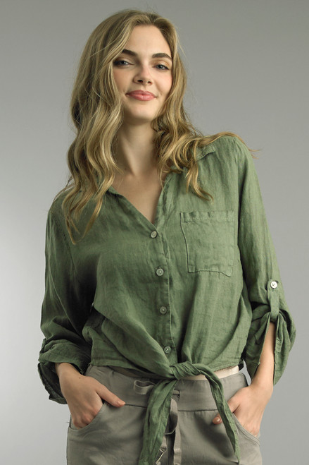 Tempo Paris Army Linen Tie Front Top