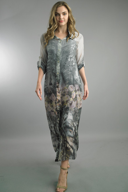 Tempo Paris Silver Floral Silk Shirt Dress