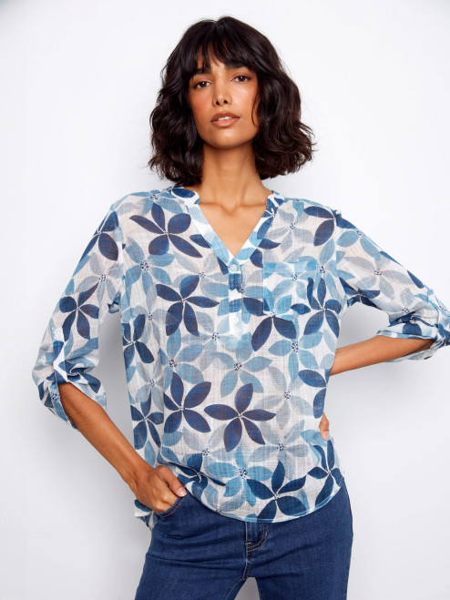 Charlie B Blue Leaf Cotton Gauze Top