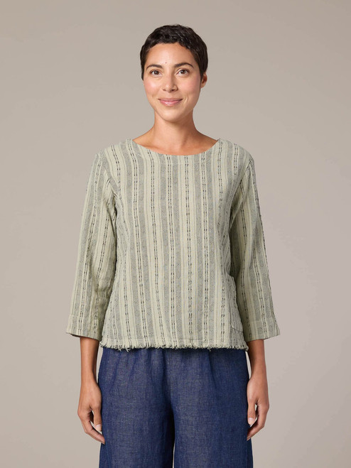 Cut Loose Balsam Green Pinstripe Linen 3/4 Sleeve Top