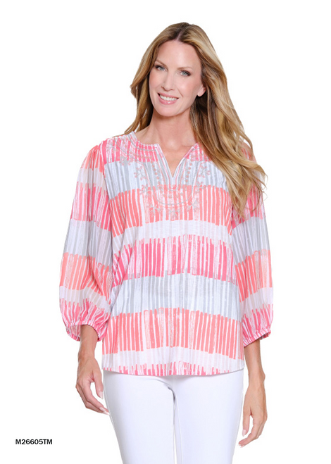 Multiples Coral Fiesta Embroidered Top