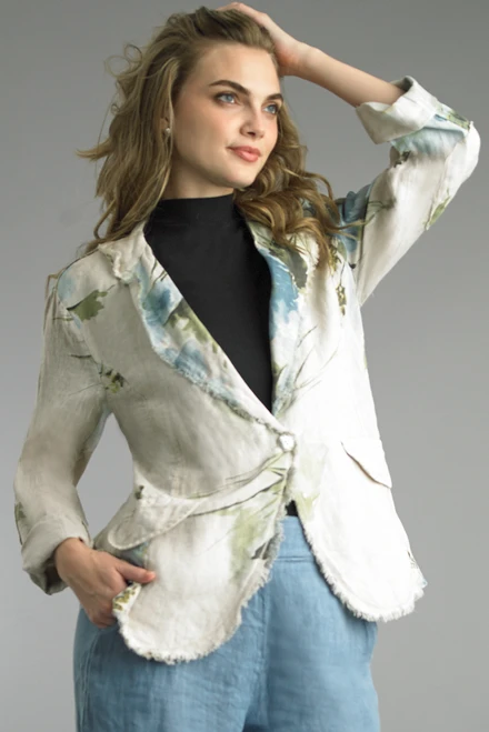 Tempo Paris Beige Floral Linen Frayed Jacket