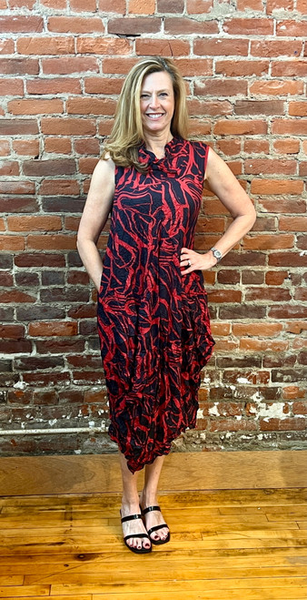 Shana Red Abstract Crinkle Cowl Bubble Dress