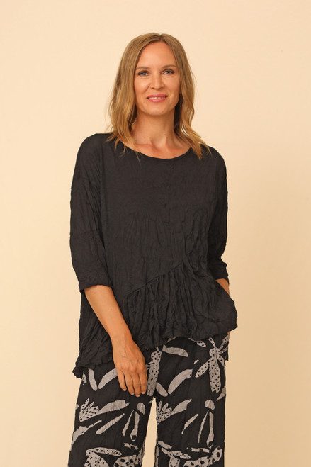 Chalet Crinkle Black Asymmetrical Top