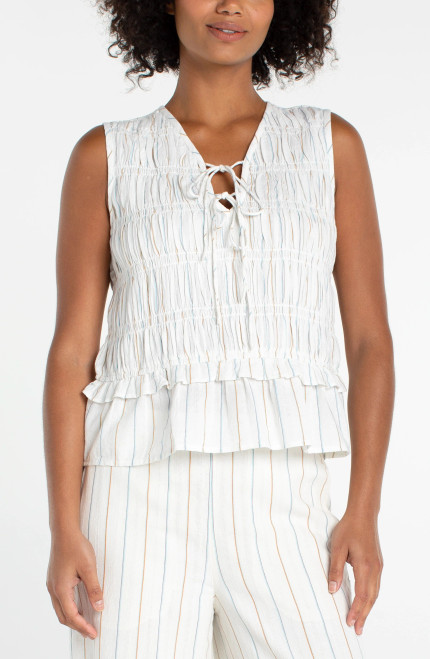 Liverpool Cream Stripe Cotton Front Tie Smock Top