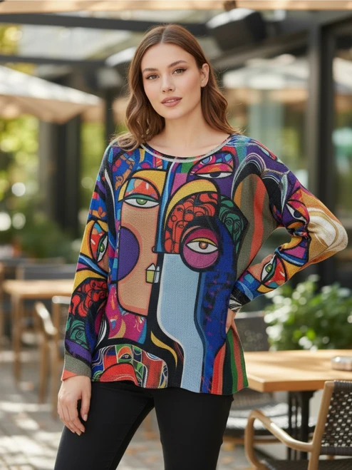LOOWIE Blue Picasso Printed Sweater