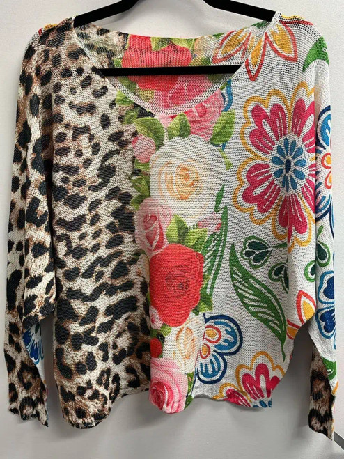 LOOWIE Leopard Floral Pop Printed Sweater