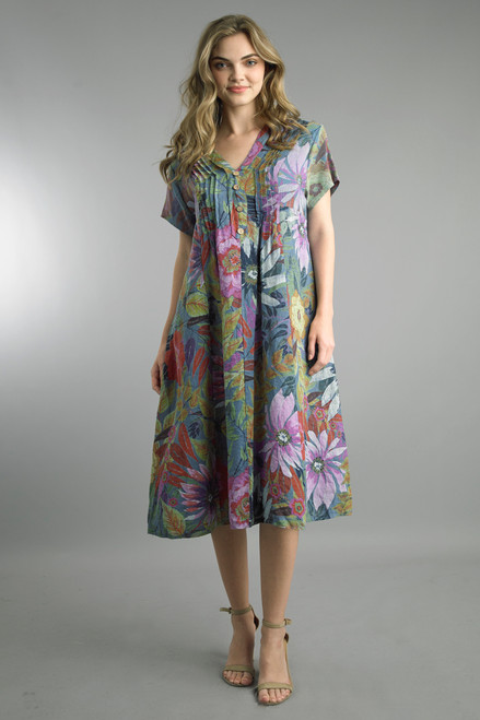 Tempo Paris Blue Floral Linen Tuck Front Dress