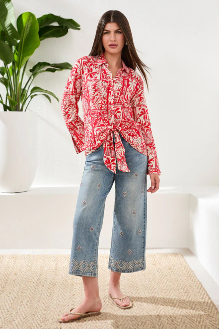 Tribal Sangria Challis Tie Front Shirt