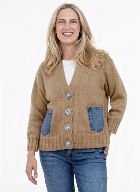 Shannon Passero Walnut Cotton Denim Trim Cardigan