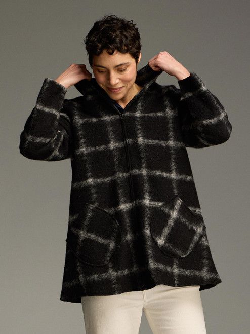 Cut Loose Plaid Boiled Wool Hooded Swing Jacket