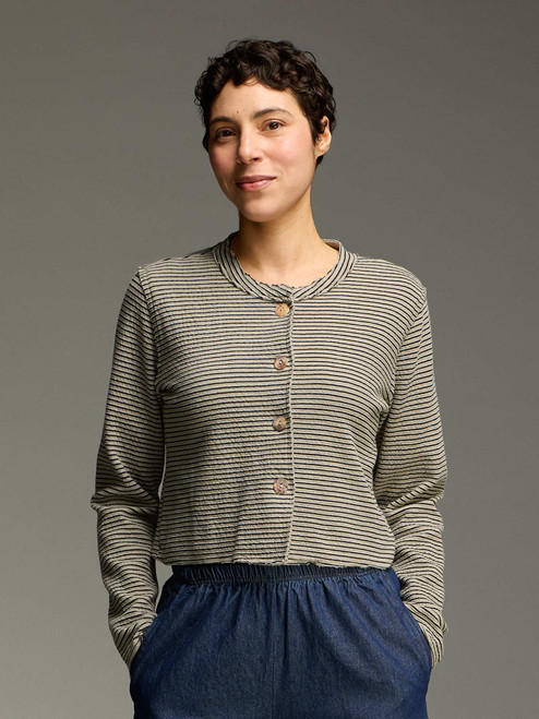Cut Loose Black Stripe Doublecloth Crop Asymmetrical Cardigan