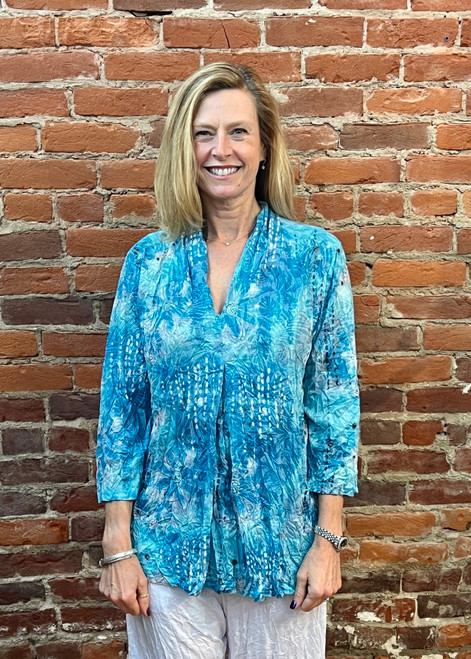 Shana Teal Floral Crinkle Front Pleat Top