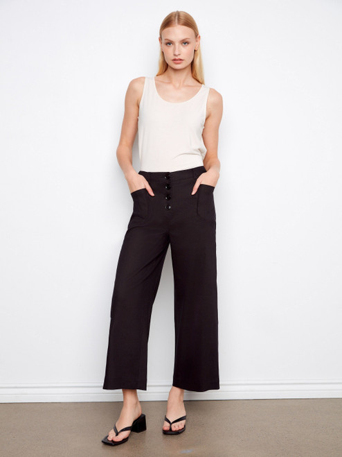 Charlie B Black Button Front Stretch Linen Crop