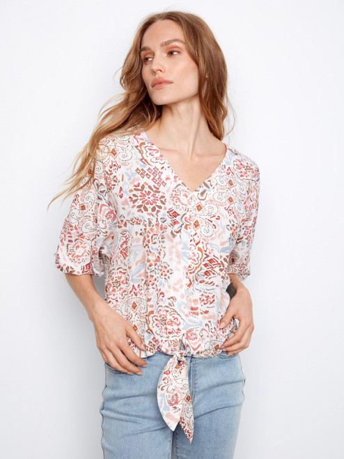 Charlie B Scroll Floral Tie Hem Blouse