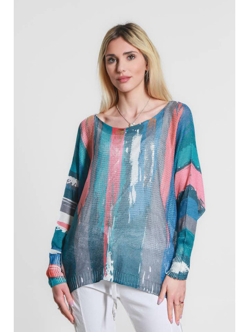 TINA Stephens Vertical Brush Coral with Gold Batwing Sweater