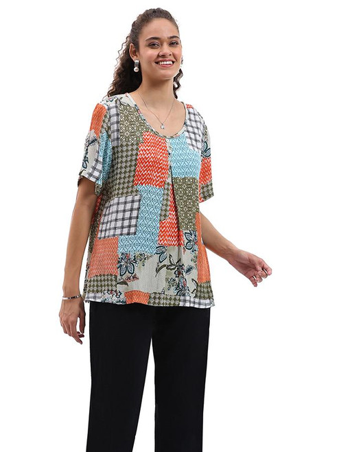 Parsley & Sage Patchwork Print Slub Button Top 