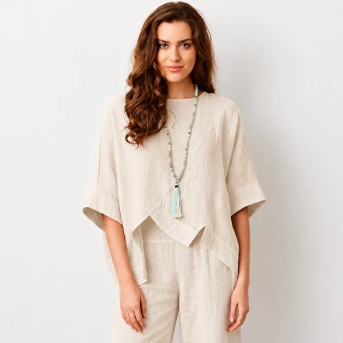 Suzy D Beige Linen Uneven Hem Top