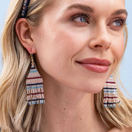 Ink + Alloy Navy and Silver Stripe Beaded Fringe Earrings