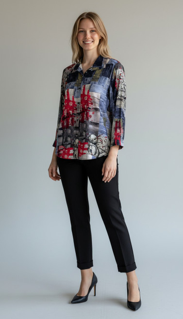 Shana Indigo Graphic Button Back Shirt
