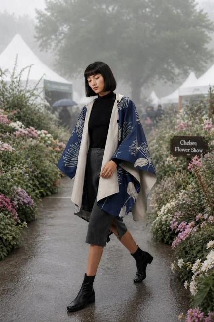 Winding River Navy & White Gingko Reversible Rain Cape
