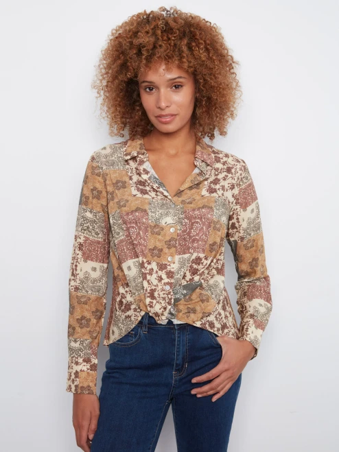 Charlie B Patchwork Twisted Hem Shirt