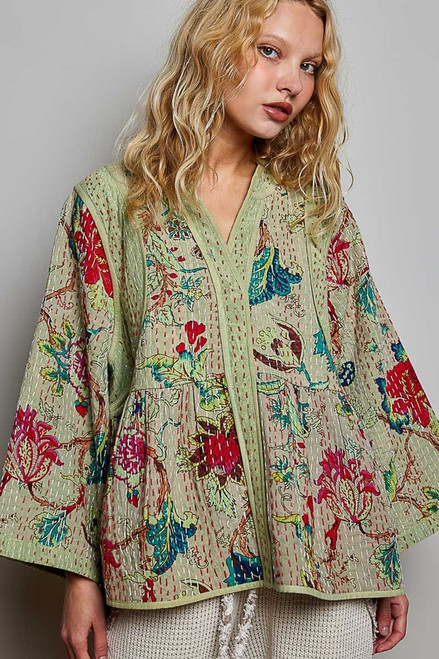 POL Sage Cotton Kantha Quilted Peplum Jacket